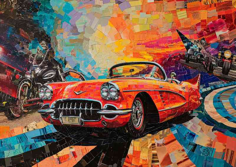 Collage featuring the red car and bike
