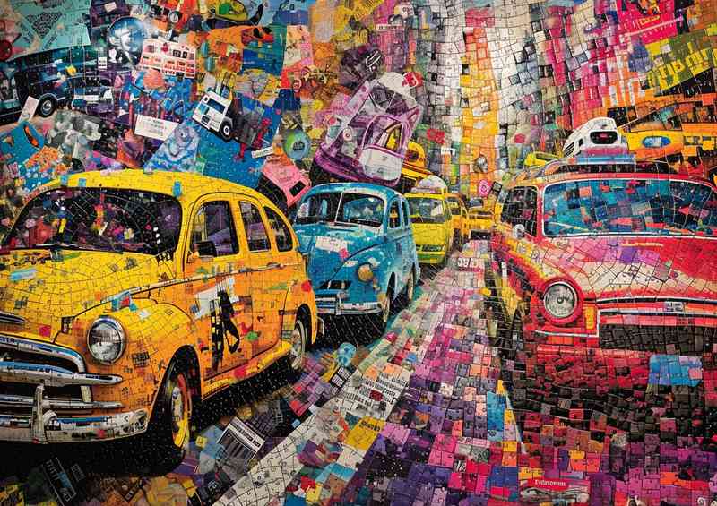 Colorful piece that features vehicles in the usa