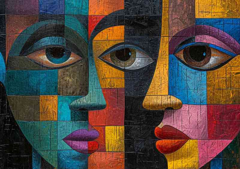 Cubist abstract faces in mixed colour