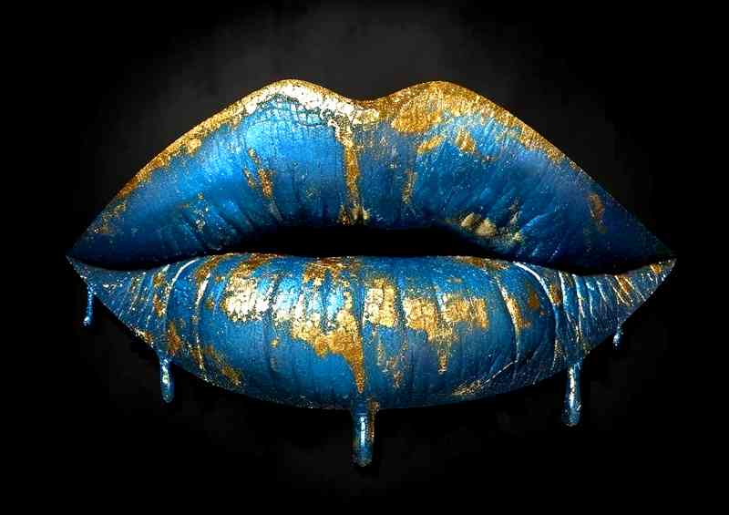 Gold and blue drip lips bling in the style of surreal