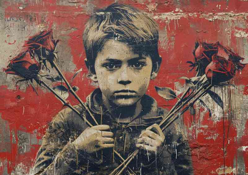 Graffiti the little boy and the rose flowers