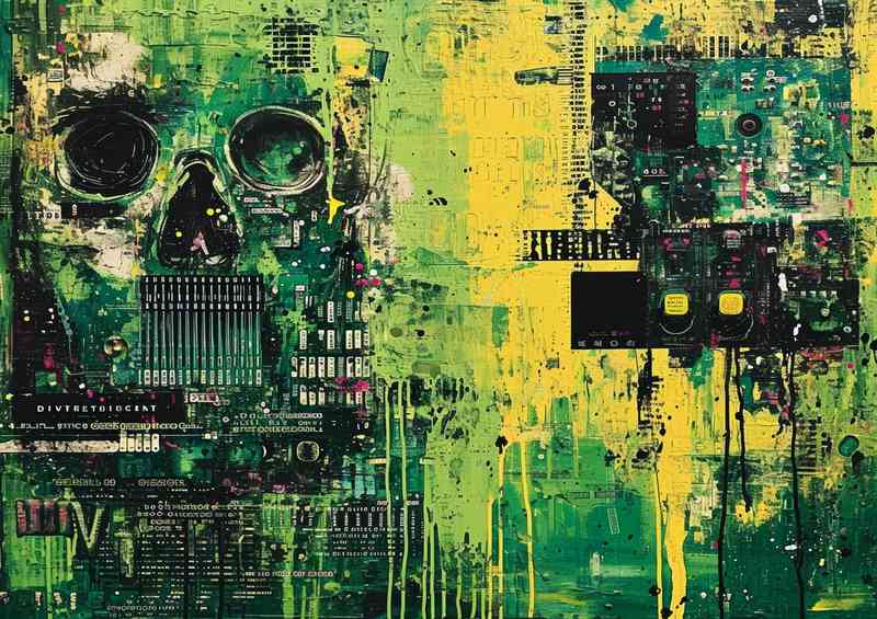 Green objects around a field mixed style of art