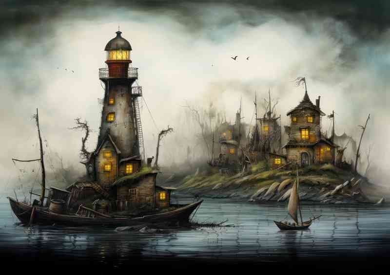 Houses on a island with a lighthouse and boats