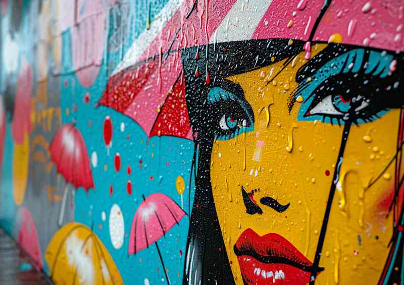 Lady in the rain with umberellas street art