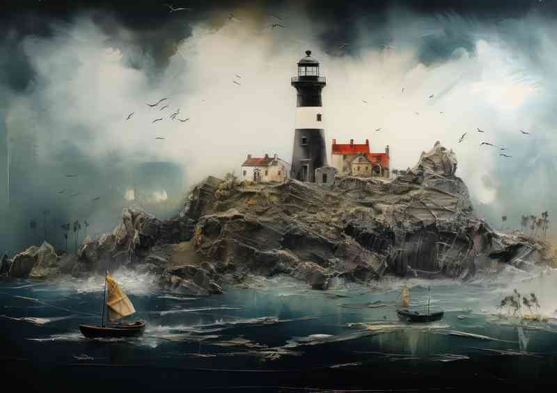 Lighthouse on a island with boats
