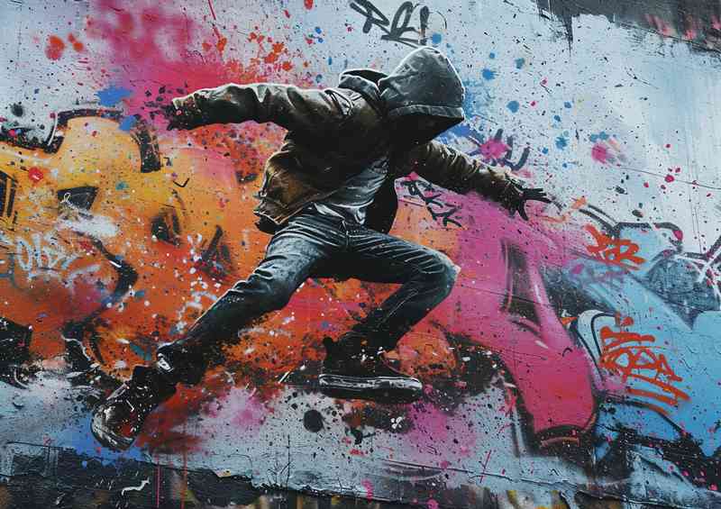 Man dancing in the street with graffiti art