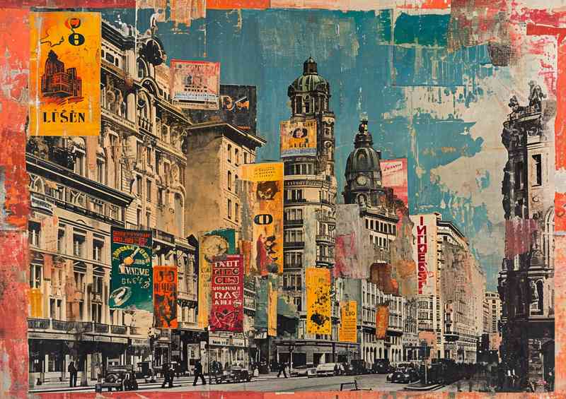 Old painting that shows several buildings with abstract