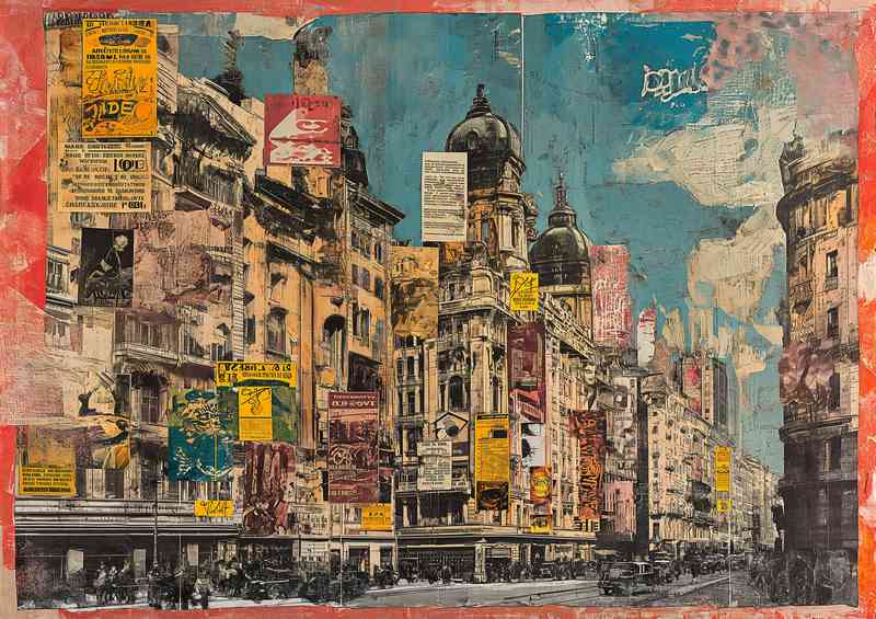 Old painting that shows several buildings with newspapers