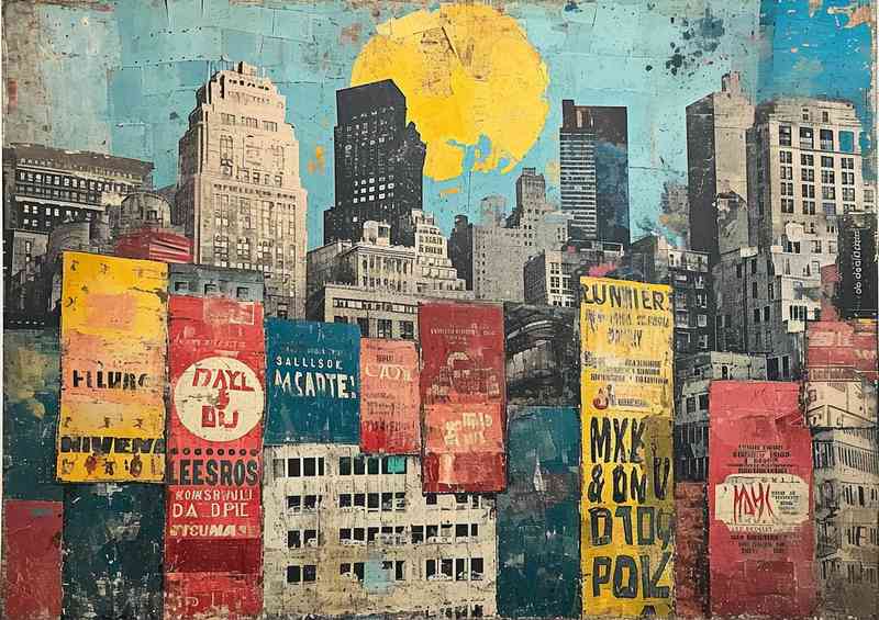 Old paintings with tall hi rise buildings