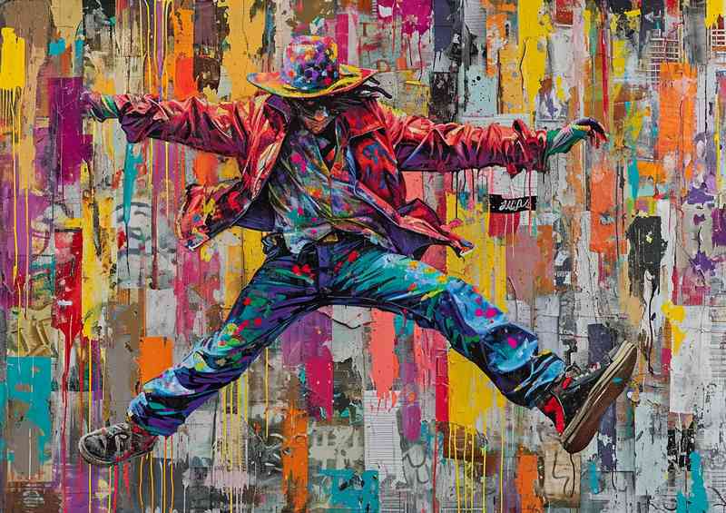 Painted man jumping with a street art wall