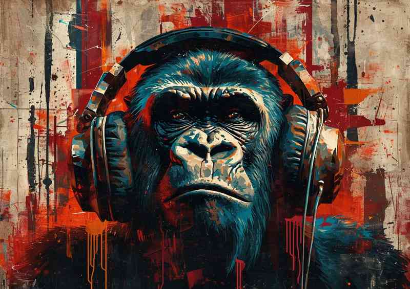 Painting of a gorilla headphones with red splashed art