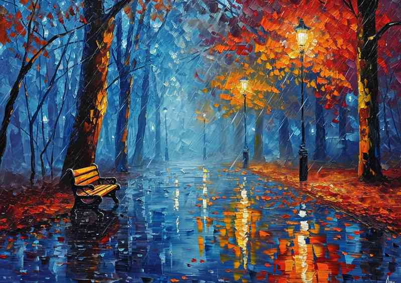 Painting of a rainy day in the park