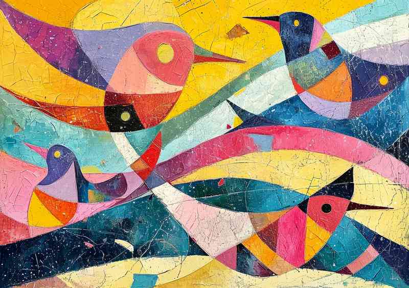 Painting of an abstract with colorful birds