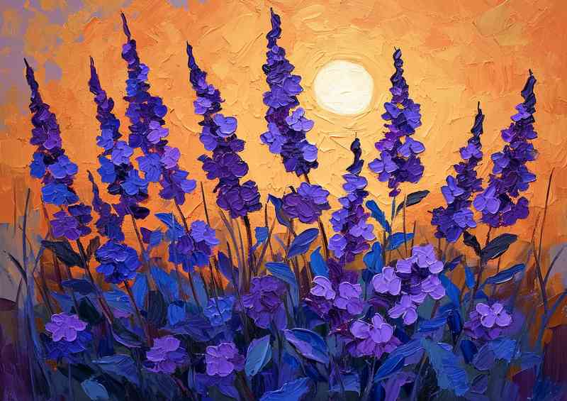 Painting of purple flowers with the sun behind