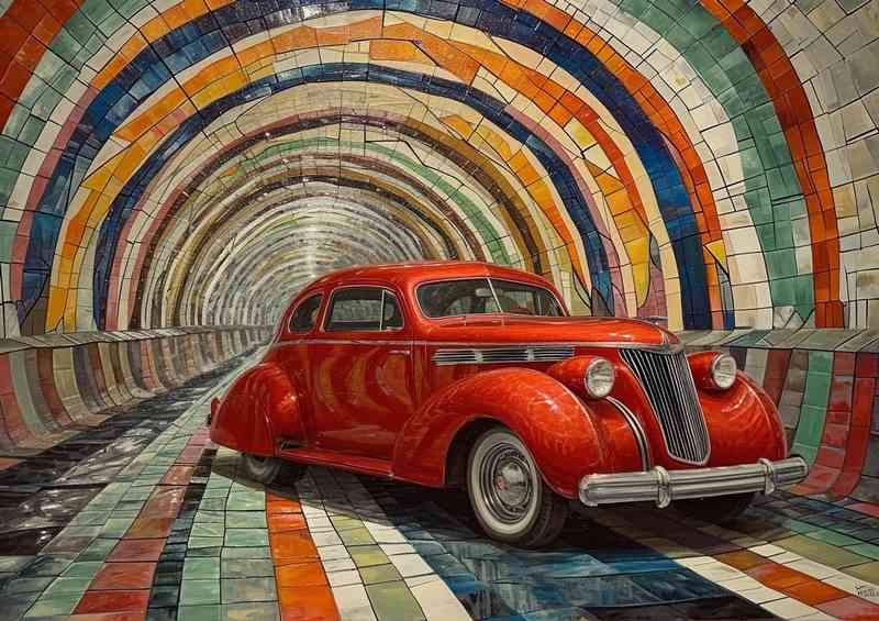 Red car in a tunnel with a colourful mosaic
