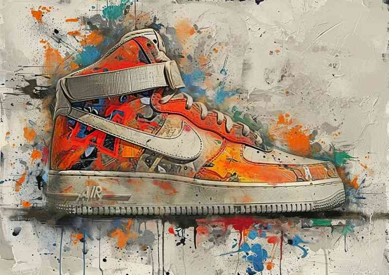 Splatter painted sneekers on a wall