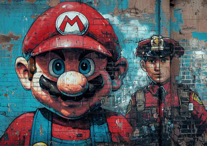 Street art mario with a painted police officer