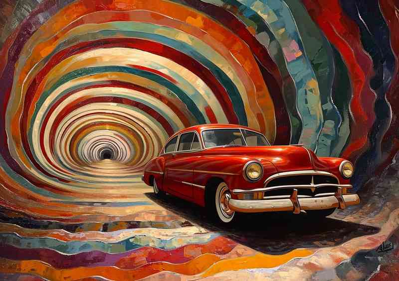 The red car leaving the colourful tunnel