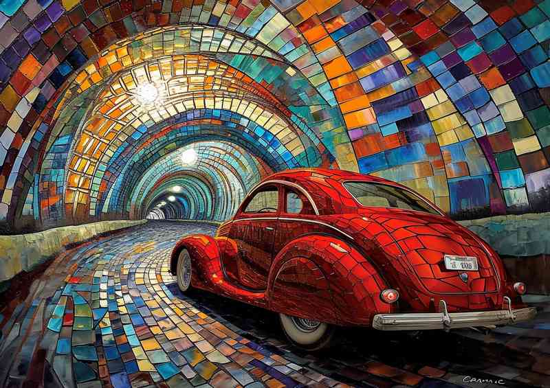 The red sleek car in a mozaic tunnel