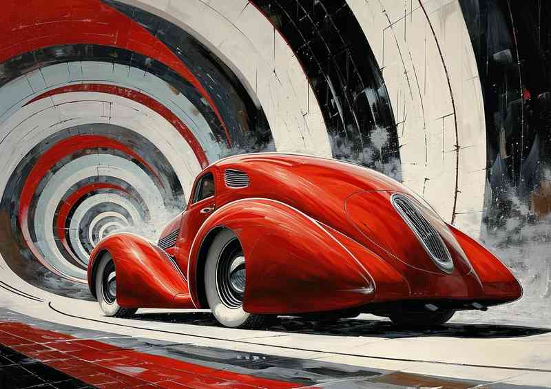 The sleek red car goind down the tunnel