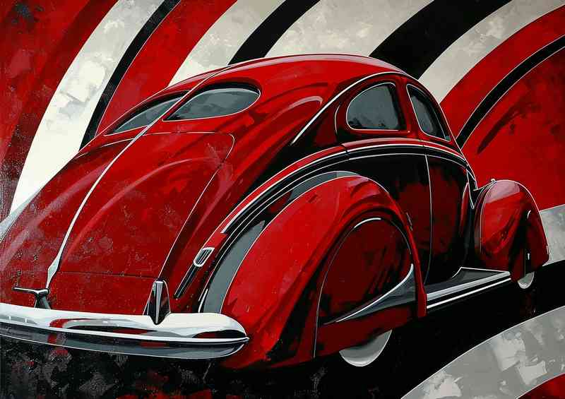 The sleek red car with black and white stripes