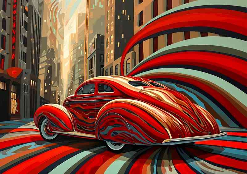 The sleek red modern car with stripes