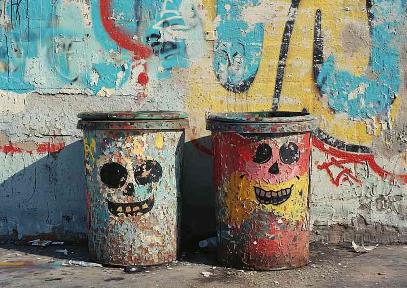 Trash cans painted street art