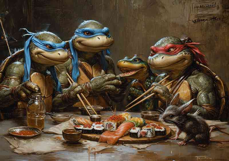 Turtles having sushi at the table
