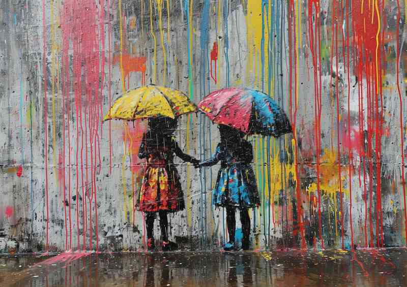 Two girls in the rain banksy style