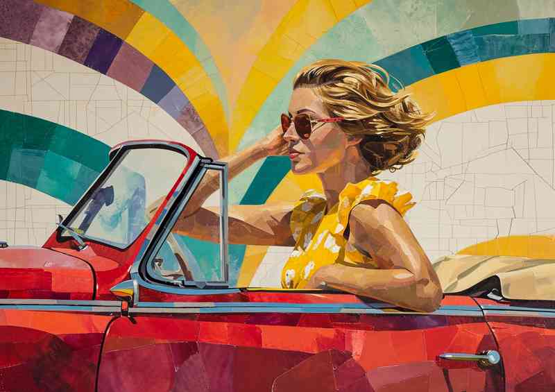 Woman driving a red convertable pop art