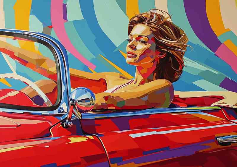 Woman sitting in a red car pop art