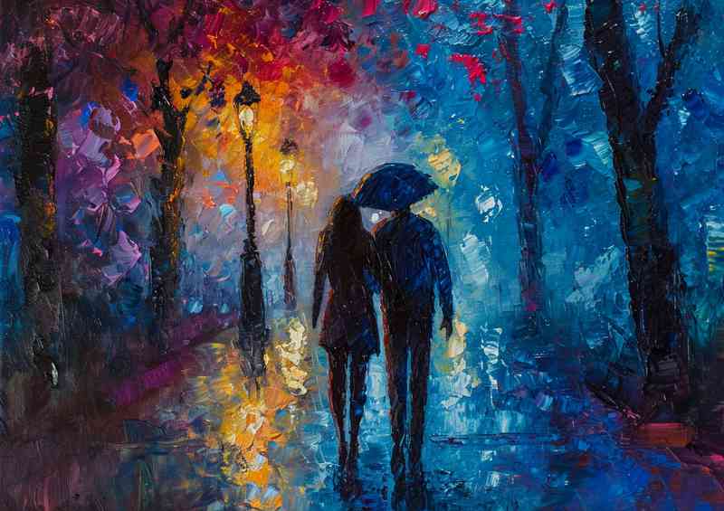 Young couple walking in the rain at night