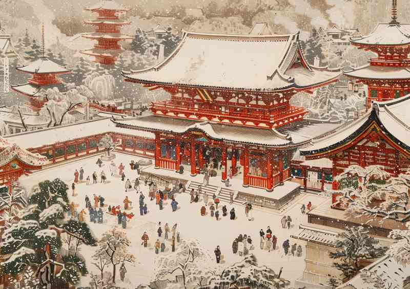 A scene of snow covered Japanese temples