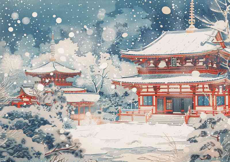 Falling snow on japanese temples