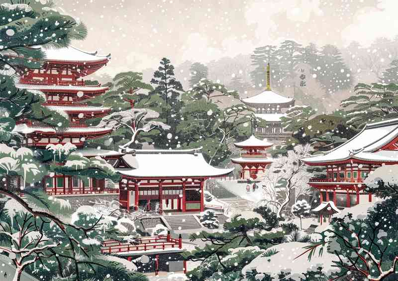 Japanese woodblock style snow temples