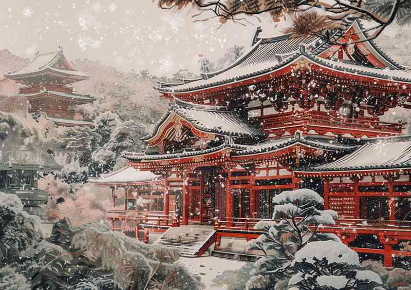 Snow covered temple in winter