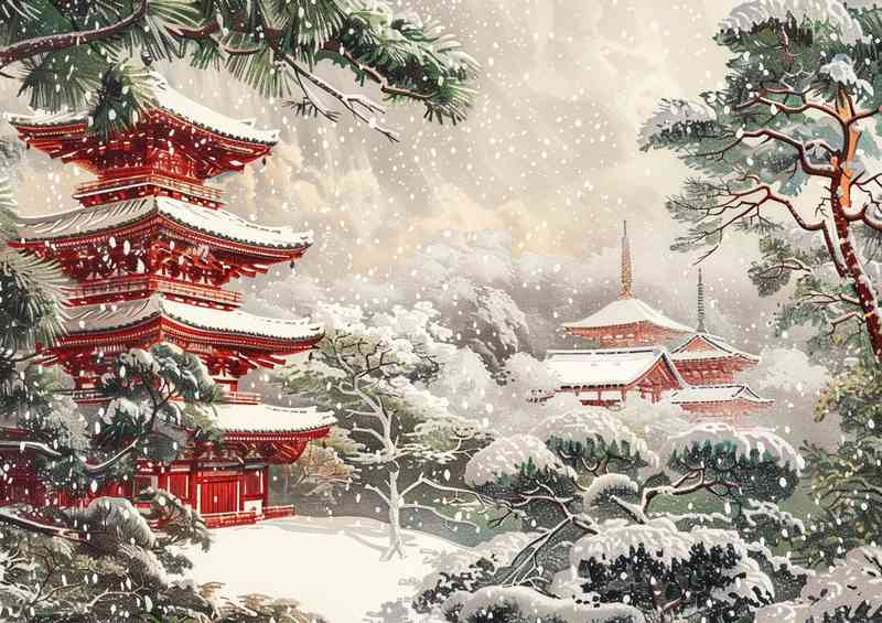 Snow falling on japanese temples