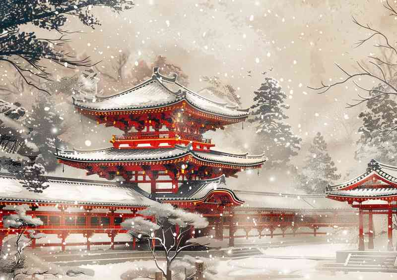 The Heian period snow covered Kyoto temple