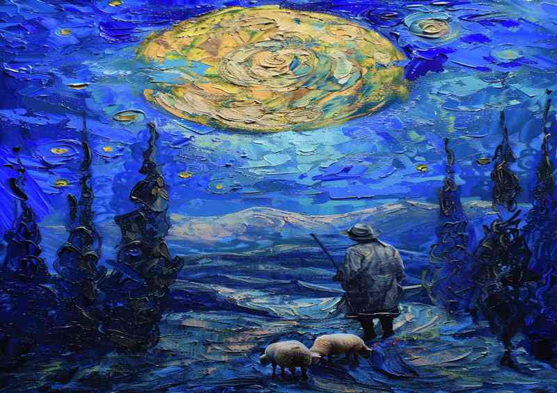 A man hurding his sheep under the moon