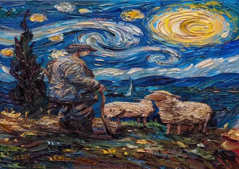 A man with his sheep at night