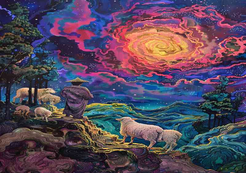 Enchanted man and his flock of sheep