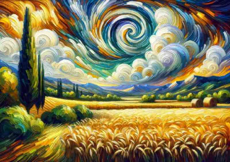 Landscape of a wheat field under a swirling sky