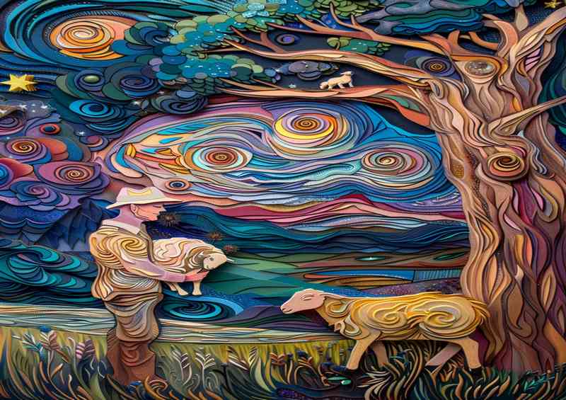 The man and his sheep starry night