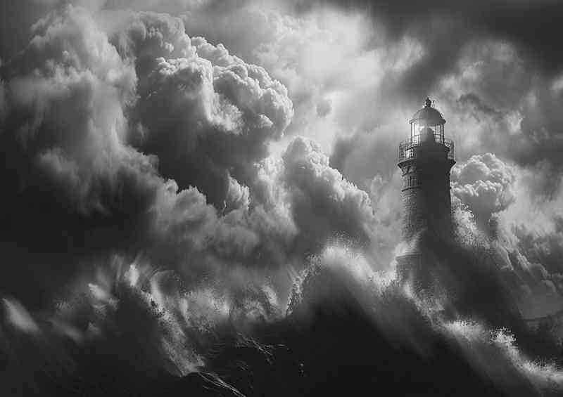 Lighthouse in the storm with clouds in the sky