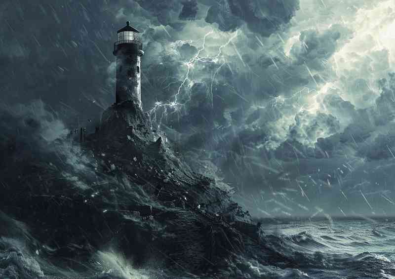 Stormy clouds Lightning and lighthouse on an island
