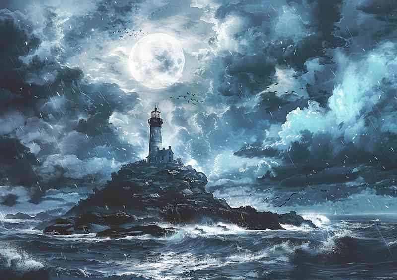 Stormy clouds with a lighthouse on an island