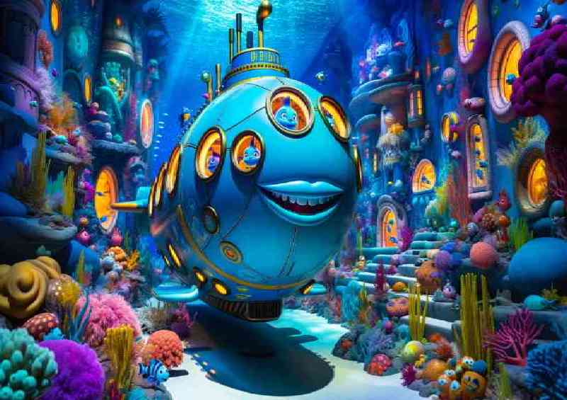 Submarine bright blue with a cheeky smile