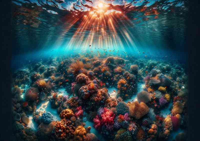 Underwater world of a vibrant coral reef beneath a crystal clear sea