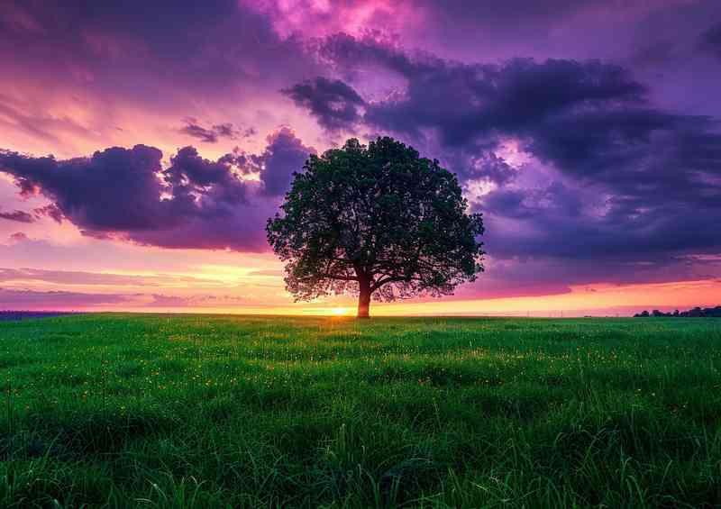 A Signle Tree and green fiels with purple skys