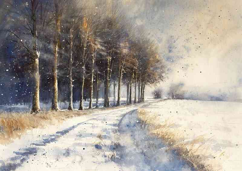 Bleak road winter woodland